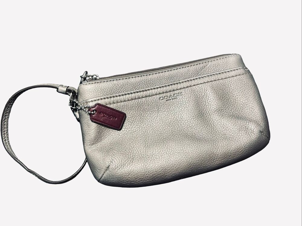 Coach Metallic Pewter Leather Wristlet with Red Tag GUC - Picture 3 of 9